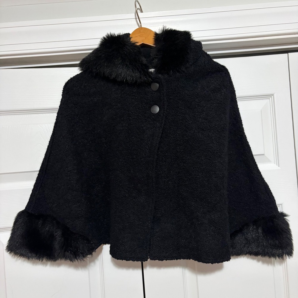 Bill Blass Signature Hooded Cape Women One Size Black Fur Wool Vintage Luxury